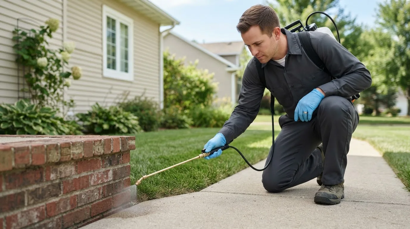 Pest control technician treating a home near Fisher, WV