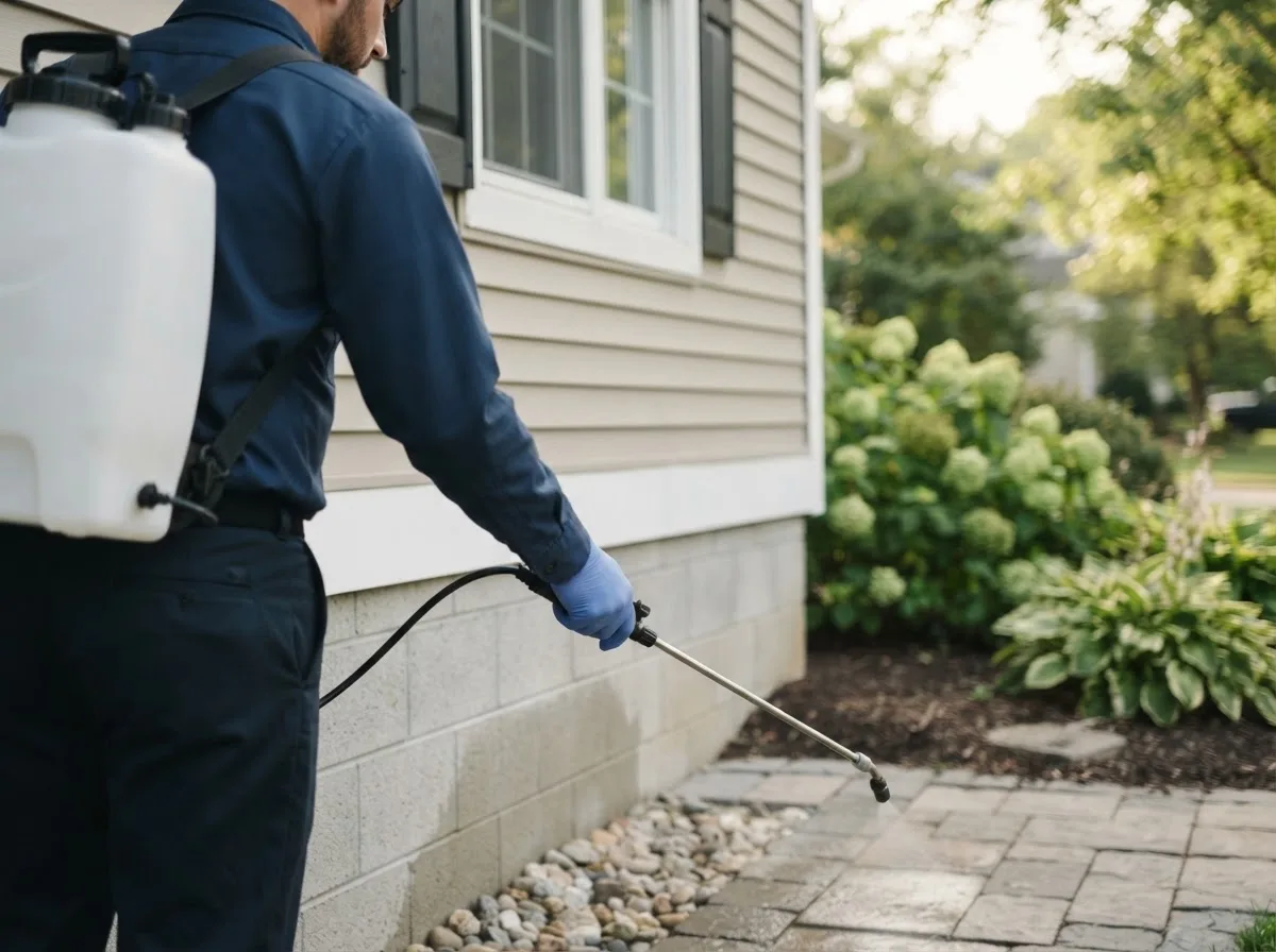 Pest control technician inspecting a home in Fisher, WV